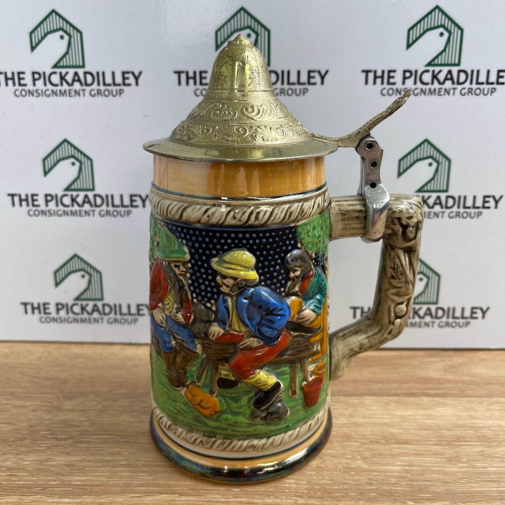Elpa Alcobaca Hand Decorated Ceramic Beer Stein with Metal Lid Village Scene